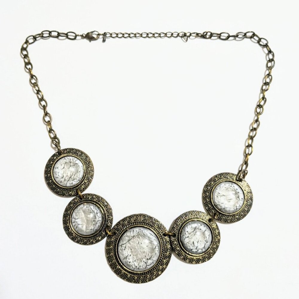 Faux Moonstone 17" Bronze Look Greek Key Trim Necklace